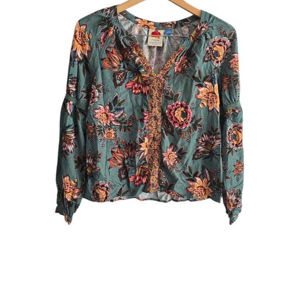 FARM Rio Anthropologie Boho Paola Floral Peasant Blouse Top Shirt Flowy XS - Picture 1 of 7